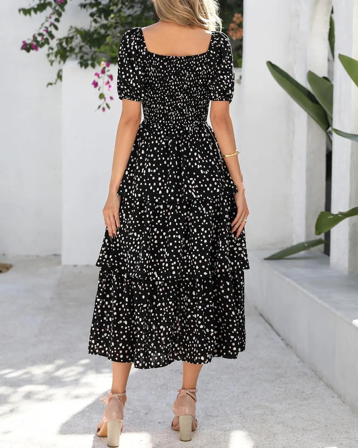 BTFBM Womens Square Neck Smocked Dress Summer Puff Short Sleeve Floral Casual Ruffle Tiered Maxi Wedding Guest Dresses