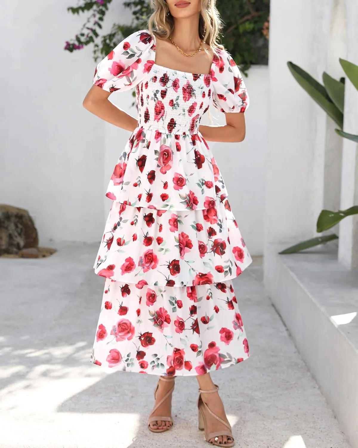 BTFBM Womens Square Neck Smocked Dress Summer Puff Short Sleeve Floral Casual Ruffle Tiered Maxi Wedding Guest Dresses