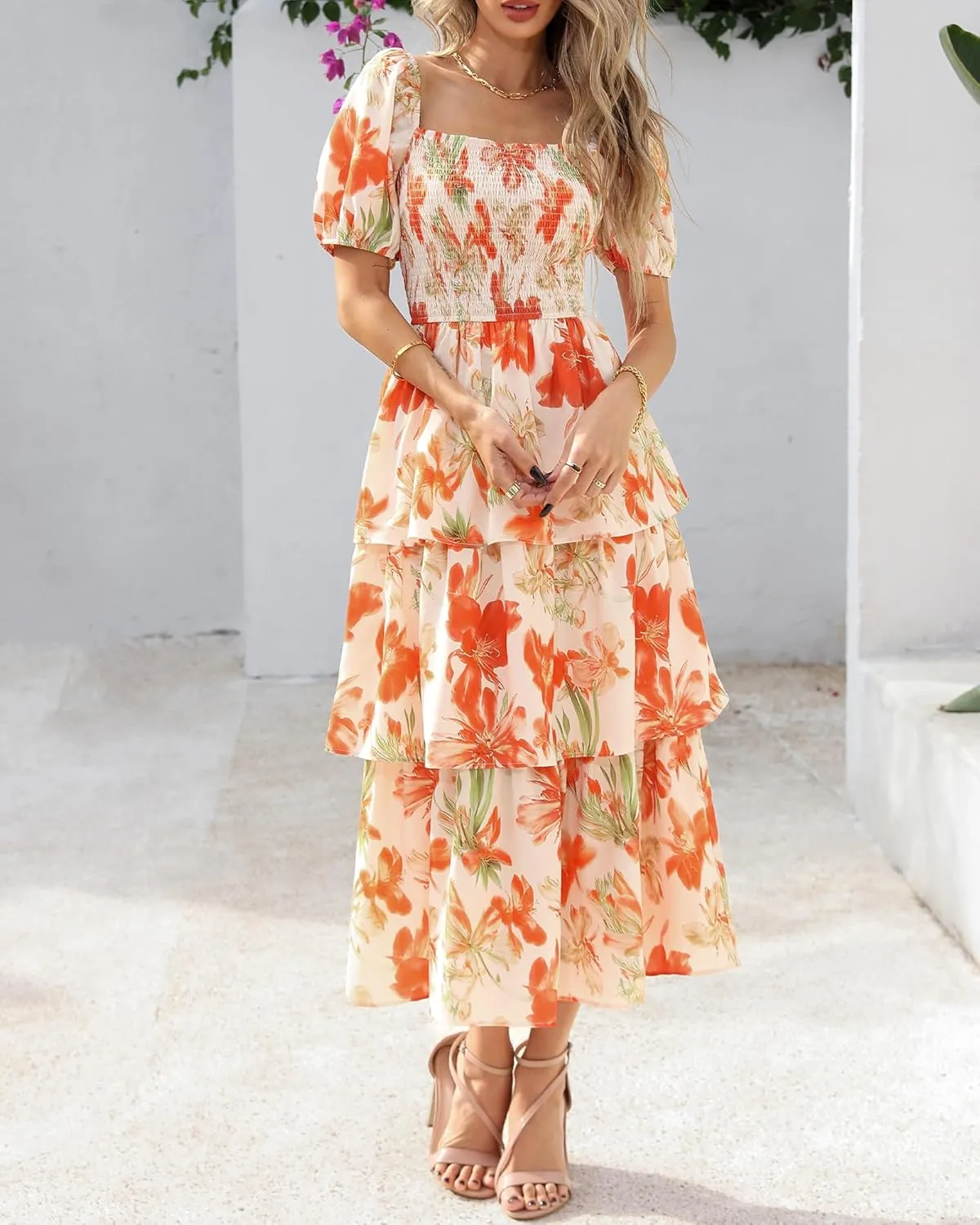 BTFBM Womens Square Neck Smocked Dress Summer Puff Short Sleeve Floral Casual Ruffle Tiered Maxi Wedding Guest Dresses