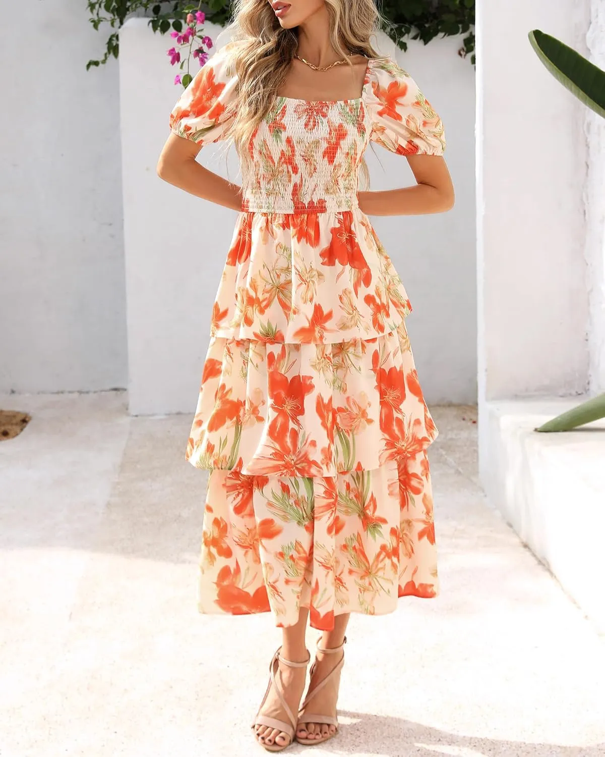 BTFBM Womens Square Neck Smocked Dress Summer Puff Short Sleeve Floral Casual Ruffle Tiered Maxi Wedding Guest Dresses