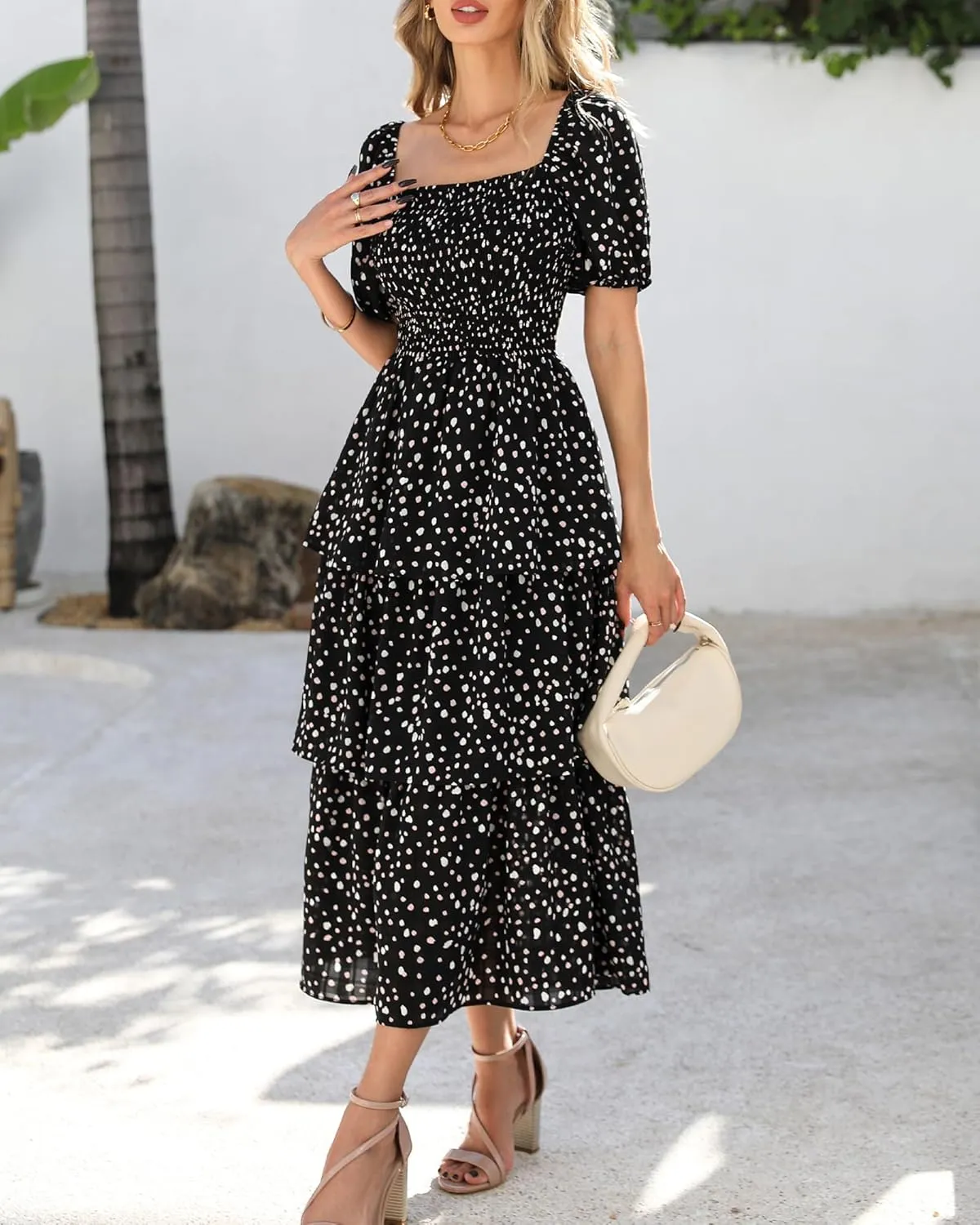 BTFBM Womens Square Neck Smocked Dress Summer Puff Short Sleeve Floral Casual Ruffle Tiered Maxi Wedding Guest Dresses