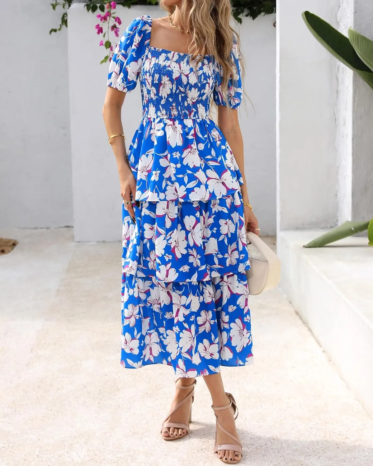BTFBM Womens Square Neck Smocked Dress Summer Puff Short Sleeve Floral Casual Ruffle Tiered Maxi Wedding Guest Dresses