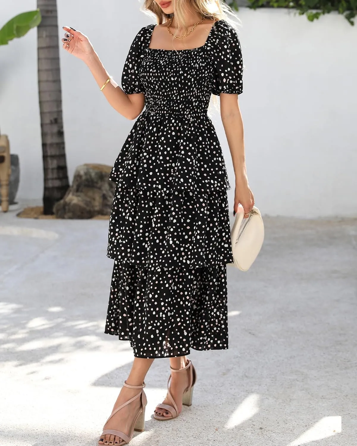 BTFBM Womens Square Neck Smocked Dress Summer Puff Short Sleeve Floral Casual Ruffle Tiered Maxi Wedding Guest Dresses