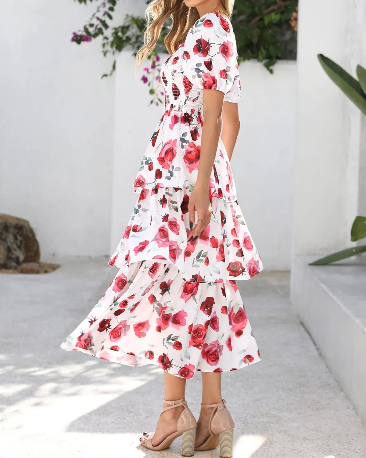 BTFBM Womens Square Neck Smocked Dress Summer Puff Short Sleeve Floral Casual Ruffle Tiered Maxi Wedding Guest Dresses
