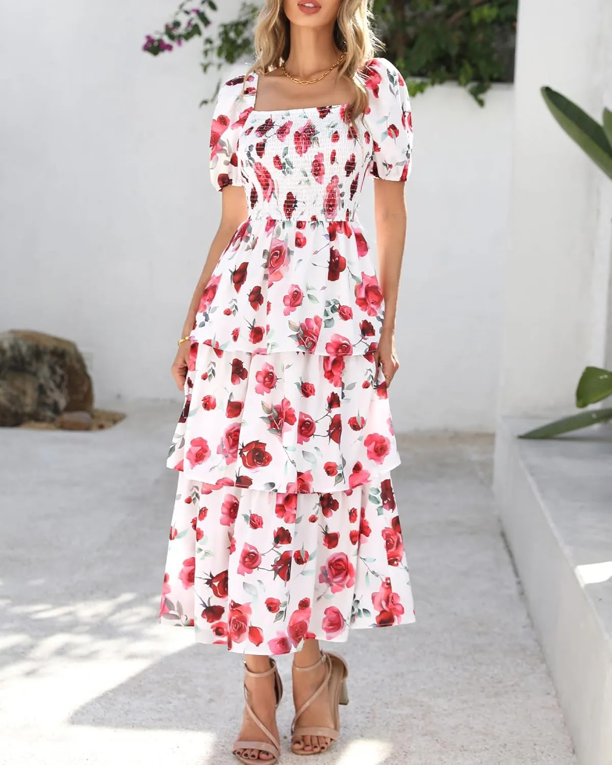 BTFBM Womens Square Neck Smocked Dress Summer Puff Short Sleeve Floral Casual Ruffle Tiered Maxi Wedding Guest Dresses