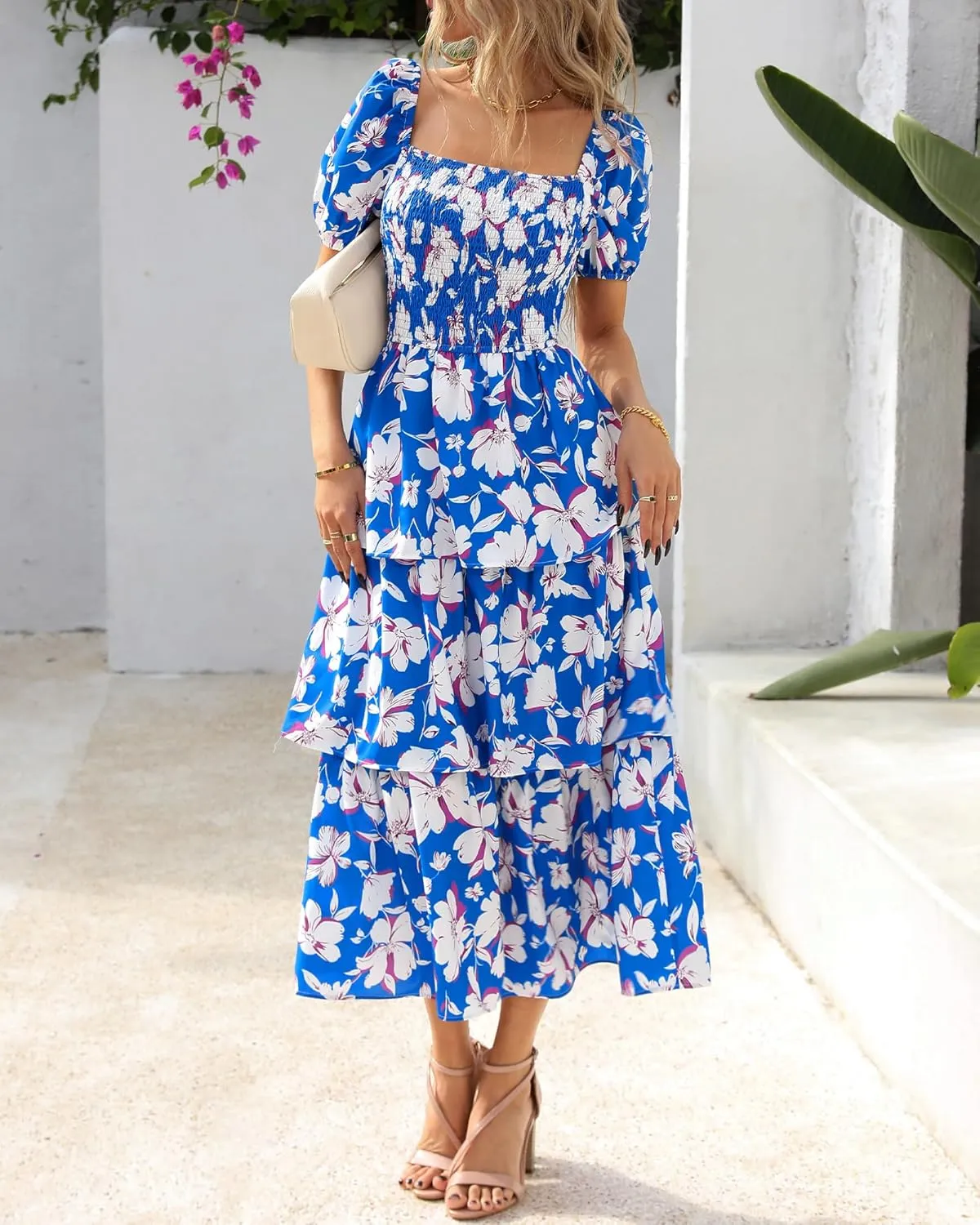 BTFBM Womens Square Neck Smocked Dress Summer Puff Short Sleeve Floral Casual Ruffle Tiered Maxi Wedding Guest Dresses