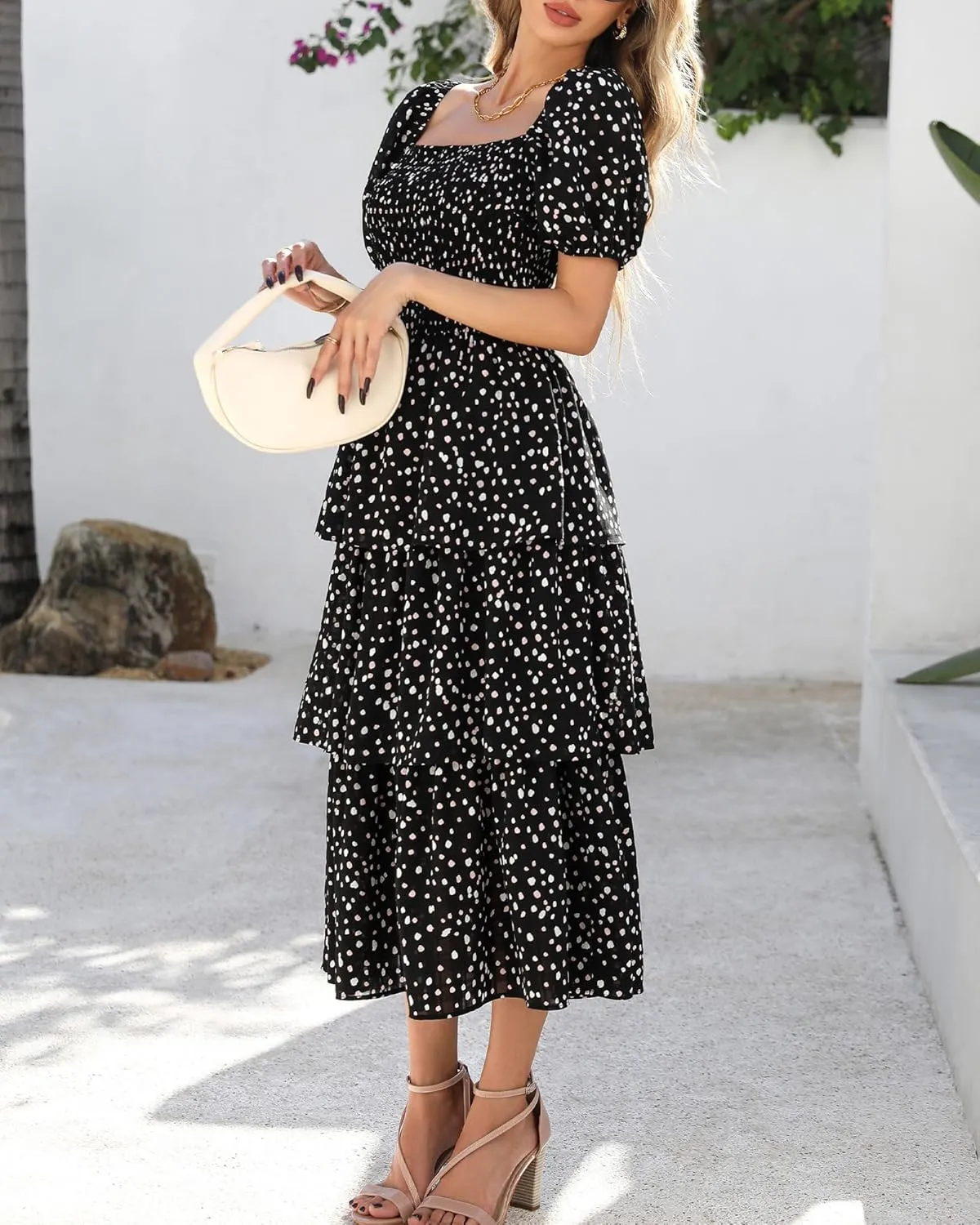 BTFBM Womens Square Neck Smocked Dress Summer Puff Short Sleeve Floral Casual Ruffle Tiered Maxi Wedding Guest Dresses