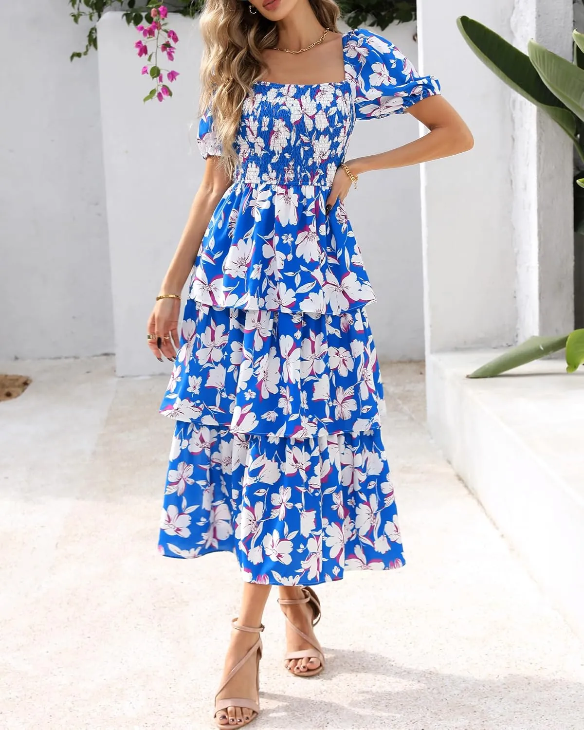 BTFBM Womens Square Neck Smocked Dress Summer Puff Short Sleeve Floral Casual Ruffle Tiered Maxi Wedding Guest Dresses