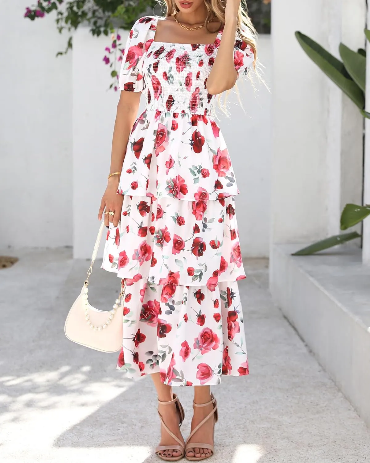 BTFBM Womens Square Neck Smocked Dress Summer Puff Short Sleeve Floral Casual Ruffle Tiered Maxi Wedding Guest Dresses