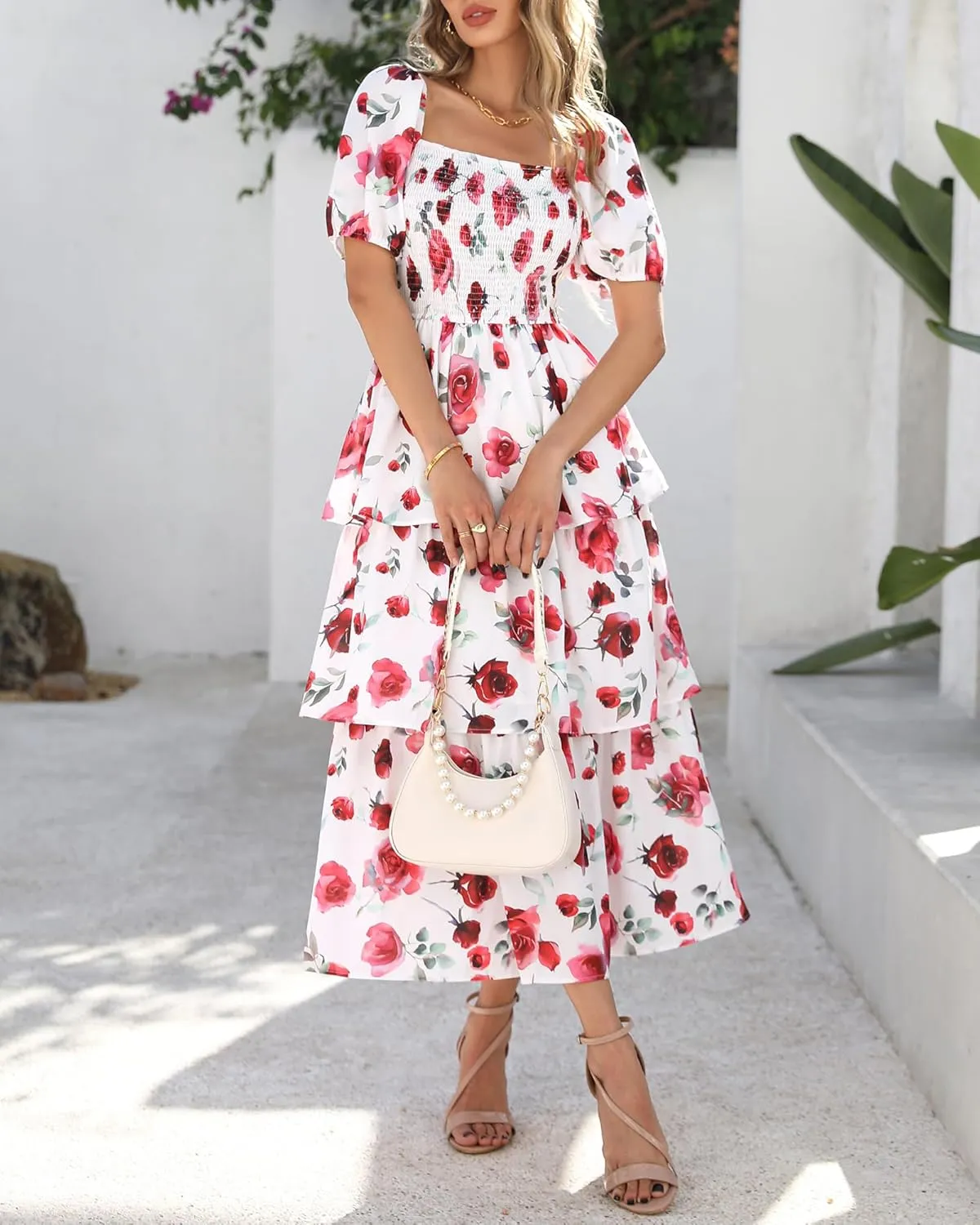 BTFBM Womens Square Neck Smocked Dress Summer Puff Short Sleeve Floral Casual Ruffle Tiered Maxi Wedding Guest Dresses