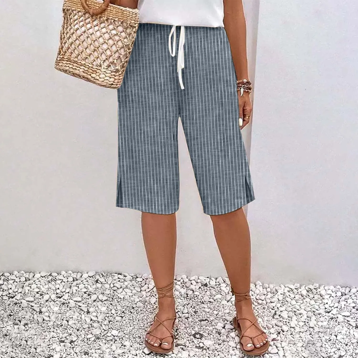 Capri Pants for Women Cotton and Linen Drawstring Workout Sweatpants Comfy Summer Lounge Elastic Waist Yoga Pants