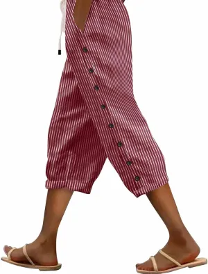 Capri Pants for Women Cotton and Linen Drawstring Workout Sweatpants Comfy Summer Lounge Elastic Waist Yoga Pants