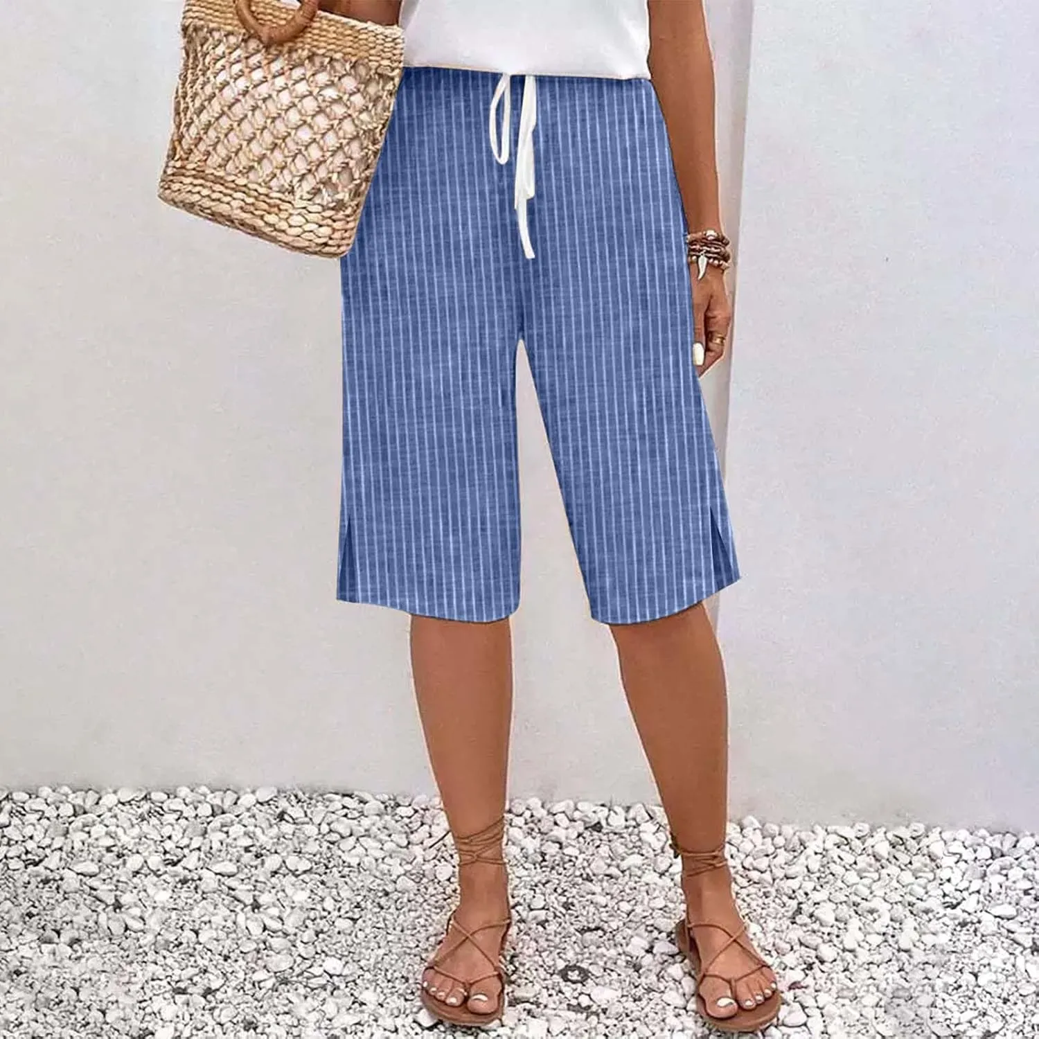 Capri Pants for Women Cotton and Linen Drawstring Workout Sweatpants Comfy Summer Lounge Elastic Waist Yoga Pants