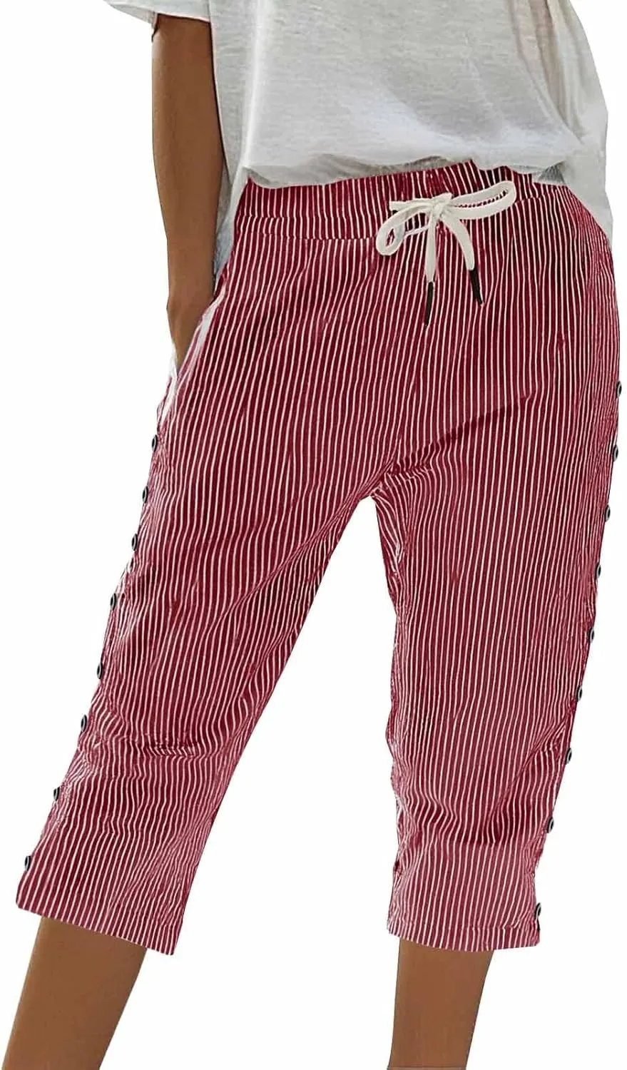 Capri Pants for Women Cotton and Linen Drawstring Workout Sweatpants Comfy Summer Lounge Elastic Waist Yoga Pants