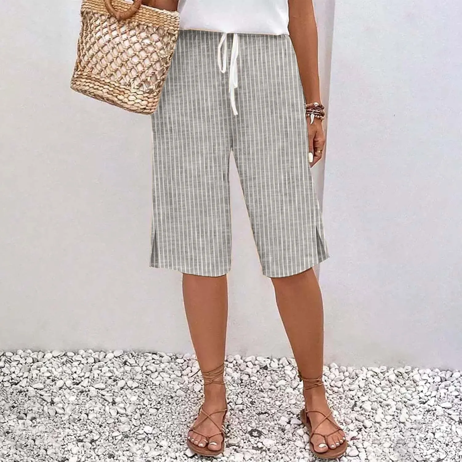 Capri Pants for Women Cotton and Linen Drawstring Workout Sweatpants Comfy Summer Lounge Elastic Waist Yoga Pants