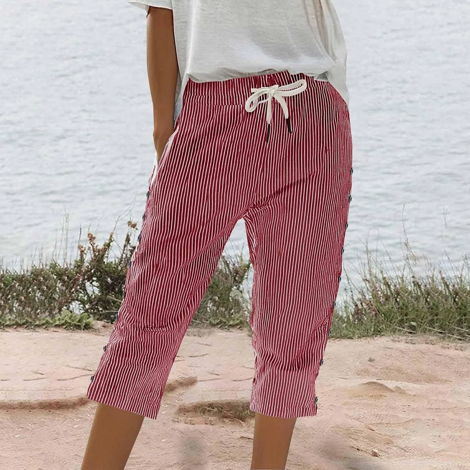 Capri Pants for Women Cotton and Linen Drawstring Workout Sweatpants Comfy Summer Lounge Elastic Waist Yoga Pants