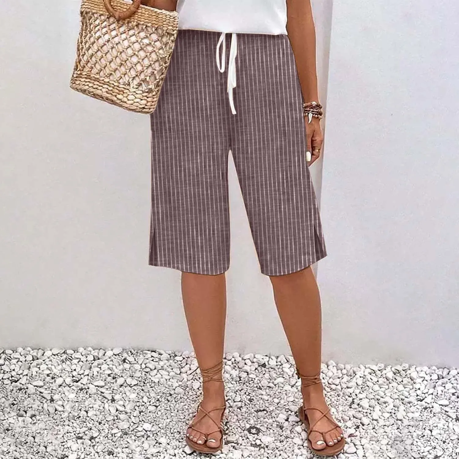 Capri Pants for Women Cotton and Linen Drawstring Workout Sweatpants Comfy Summer Lounge Elastic Waist Yoga Pants