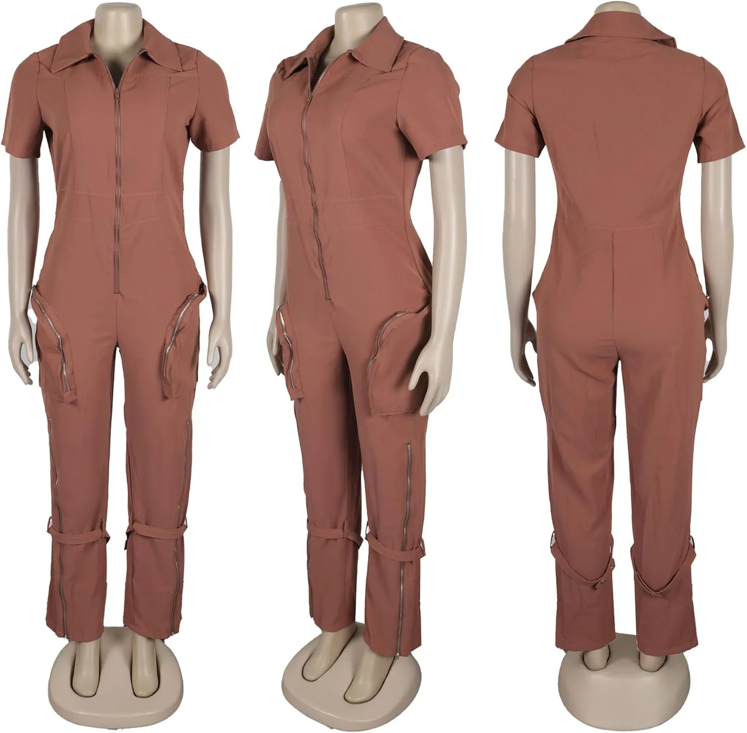 Cargo Jumpsuits for Women Casual Short Sleeve V Neck Sexy Zip Up Wide Leg Pants Rompers With Pockets Streetwear