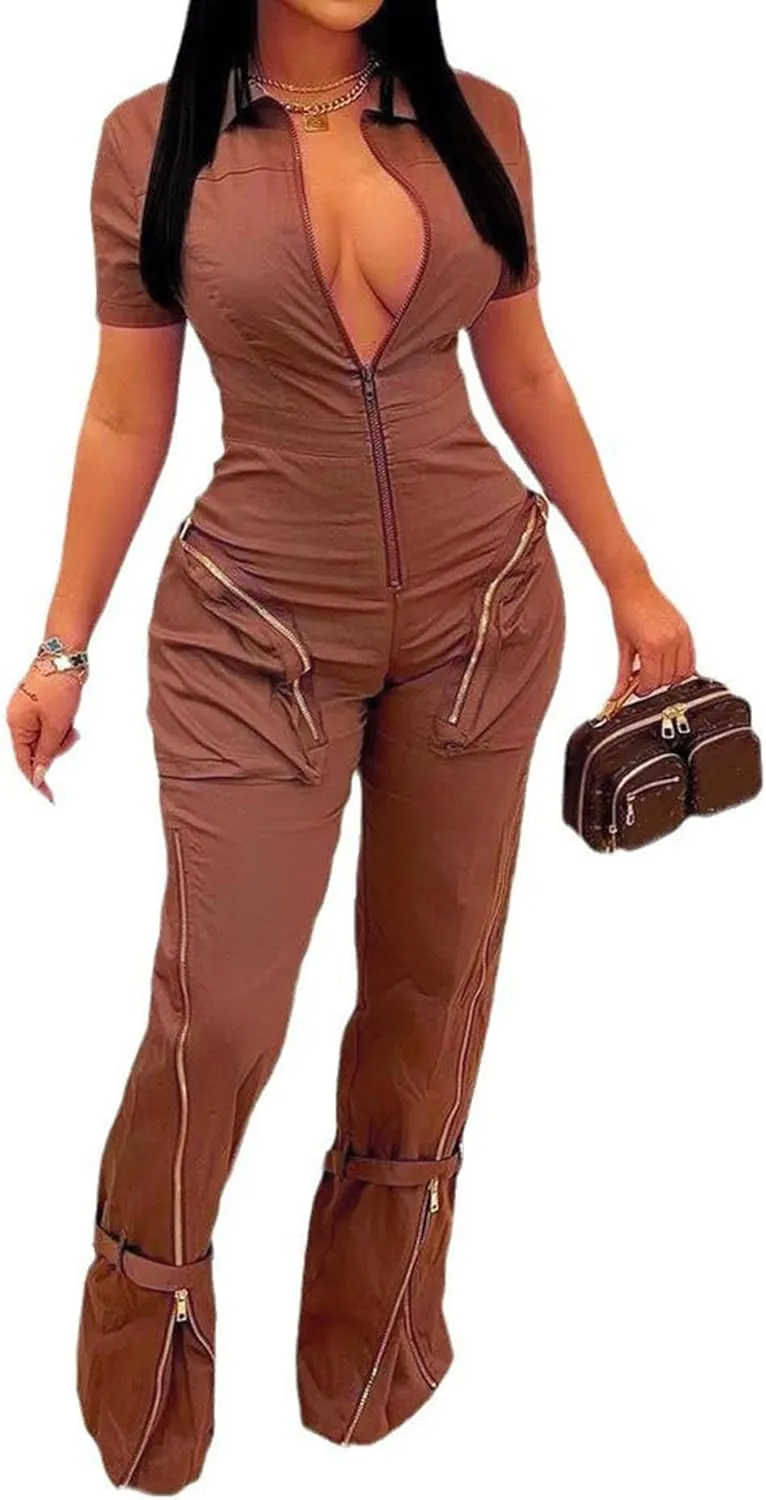 Cargo Jumpsuits for Women Casual Short Sleeve V Neck Sexy Zip Up Wide Leg Pants Rompers With Pockets Streetwear