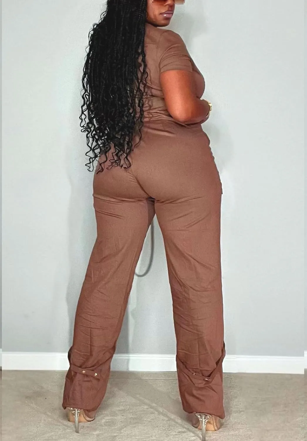 Cargo Jumpsuits for Women Casual Short Sleeve V Neck Sexy Zip Up Wide Leg Pants Rompers With Pockets Streetwear