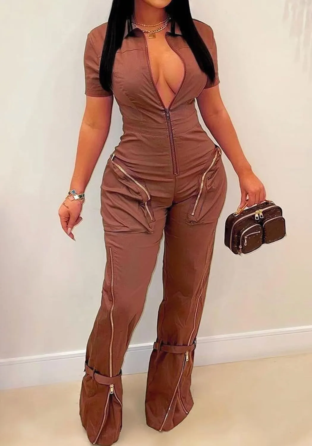 Cargo Jumpsuits for Women Casual Short Sleeve V Neck Sexy Zip Up Wide Leg Pants Rompers With Pockets Streetwear