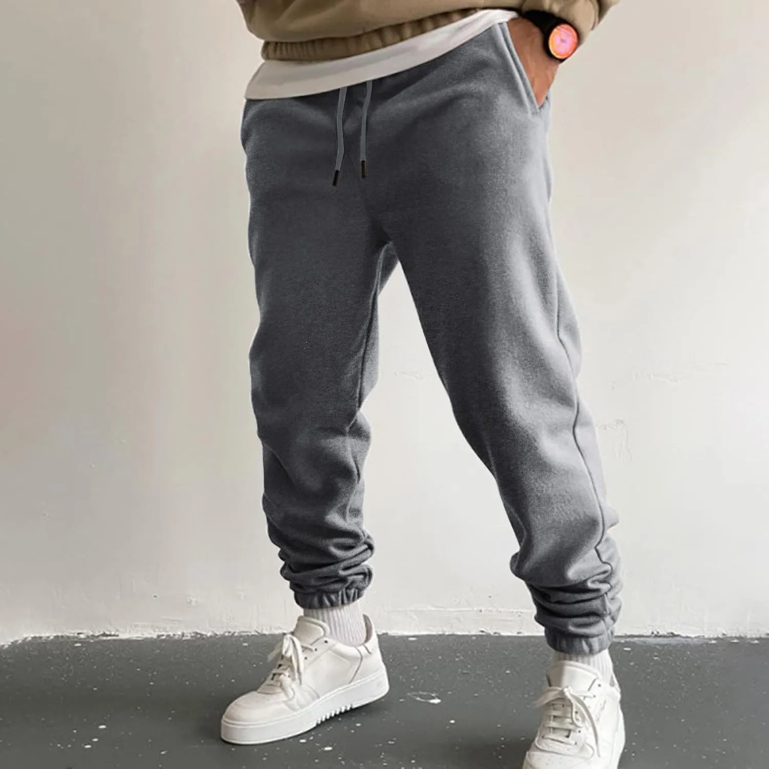 Cargo Trousers for Men Bottom Cargo Pants Elastic Waist Drawstring Baggy Joggers Mens Heavyweight Fleece Sweatpants