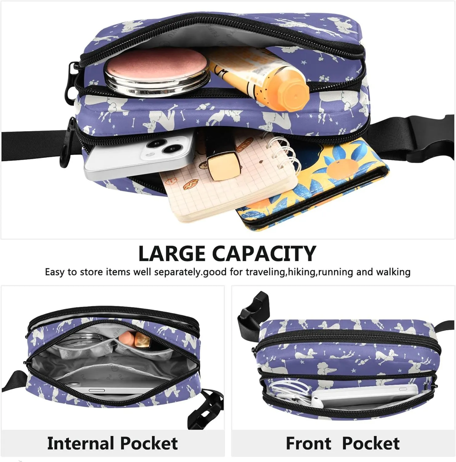 Cartoon Poodles Violet Women Fanny Pack Bright Colored Hip Pack Belt Bag Waterproof Cross Body Waist Purse