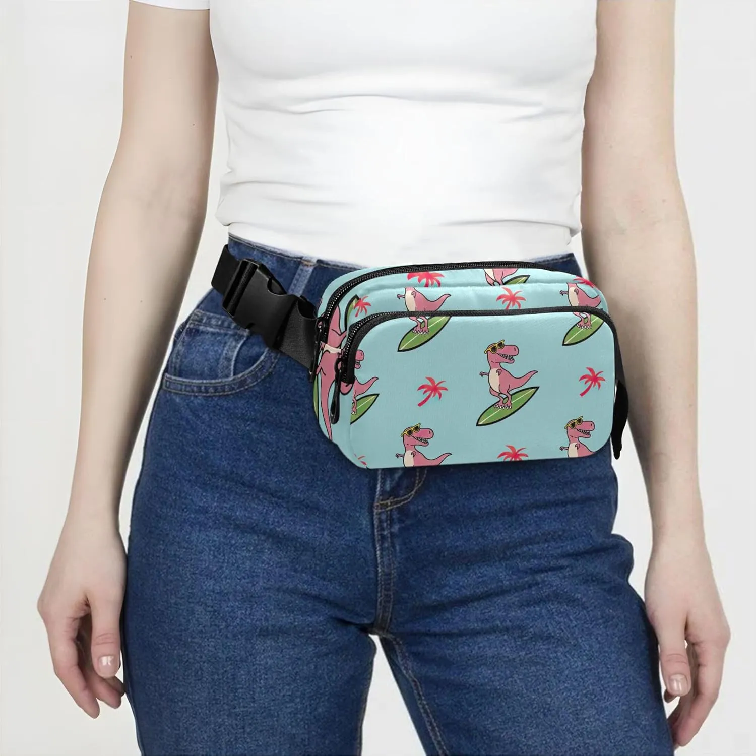Cartoonish Rex Surfboard Teal Fanny Packs for Women Bright Color Hip Pack Belt Bag Waterproof Cross Body Waist Pack