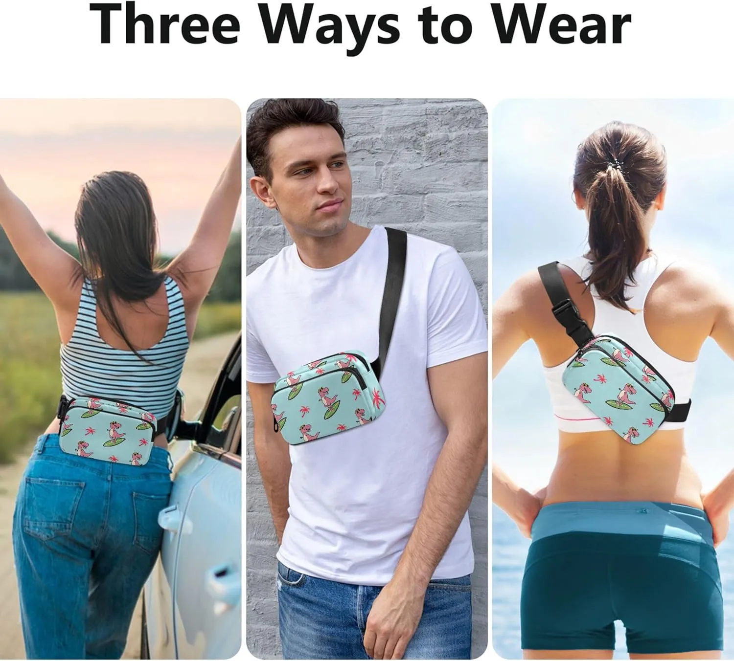 Cartoonish Rex Surfboard Teal Fanny Packs for Women Bright Color Hip Pack Belt Bag Waterproof Cross Body Waist Pack