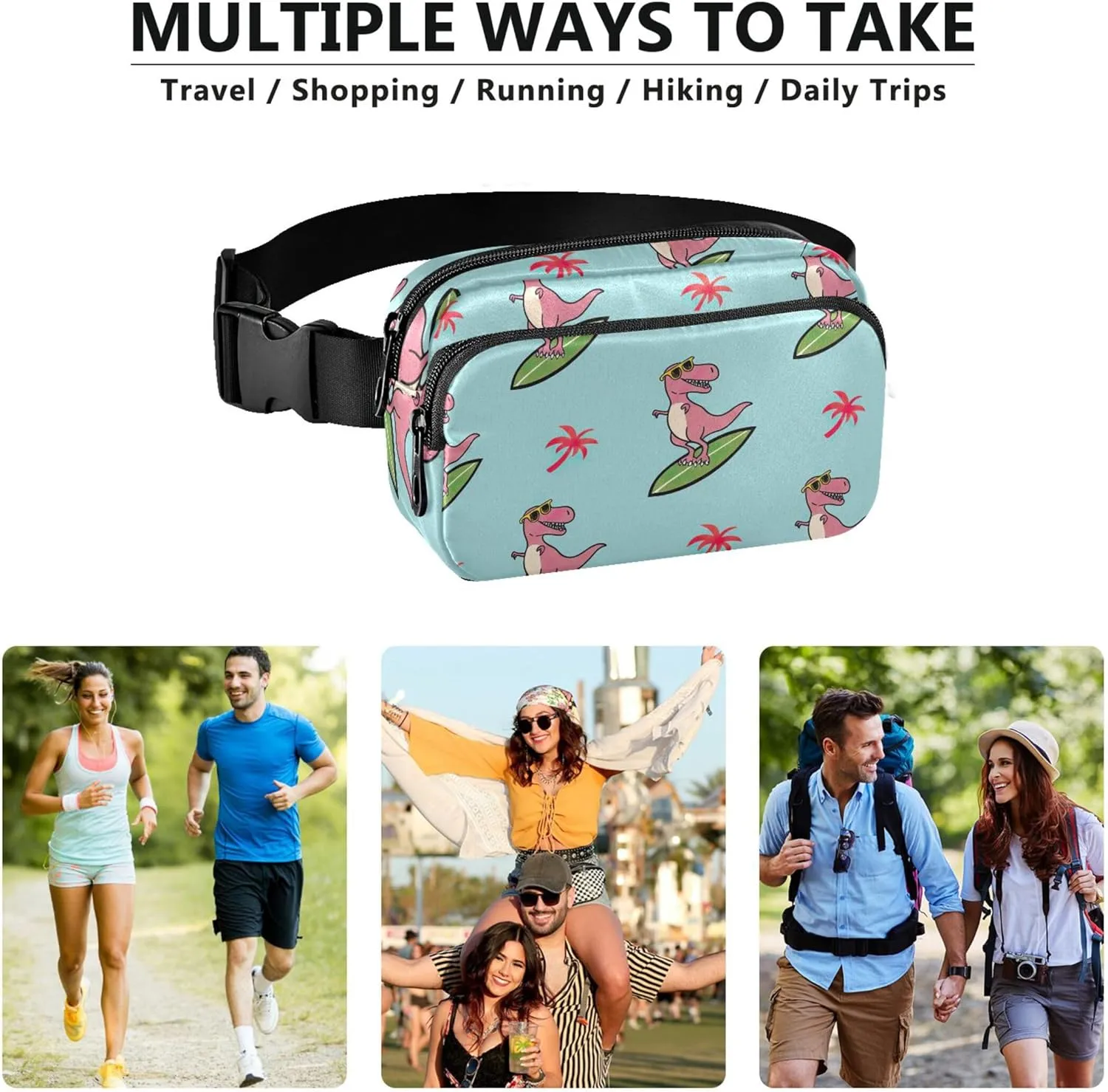 Cartoonish Rex Surfboard Teal Fanny Packs for Women Bright Color Hip Pack Belt Bag Waterproof Cross Body Waist Pack