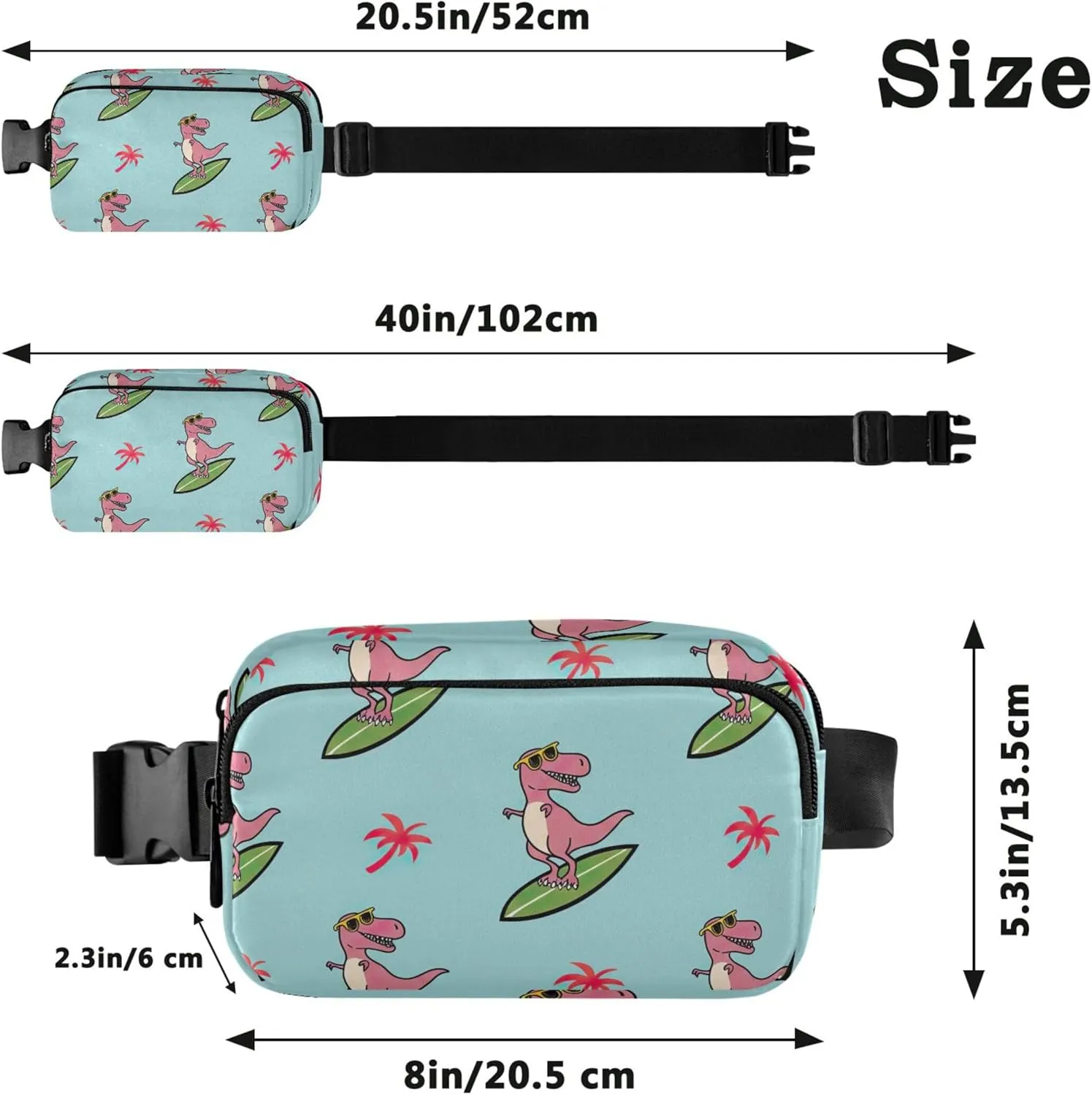 Cartoonish Rex Surfboard Teal Fanny Packs for Women Bright Color Hip Pack Belt Bag Waterproof Cross Body Waist Pack