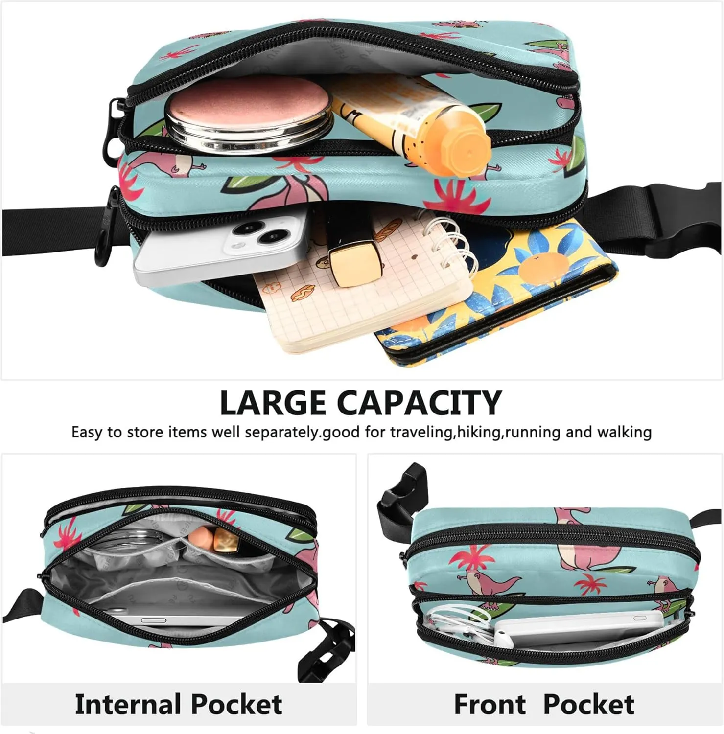 Cartoonish Rex Surfboard Teal Fanny Packs for Women Bright Color Hip Pack Belt Bag Waterproof Cross Body Waist Pack