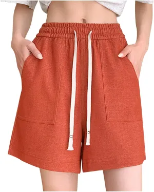 Casual Linen Shorts for Women High Elastic Waisted Shorts Summer Pull On Drawstring Short Beach Loose Fit Shorts