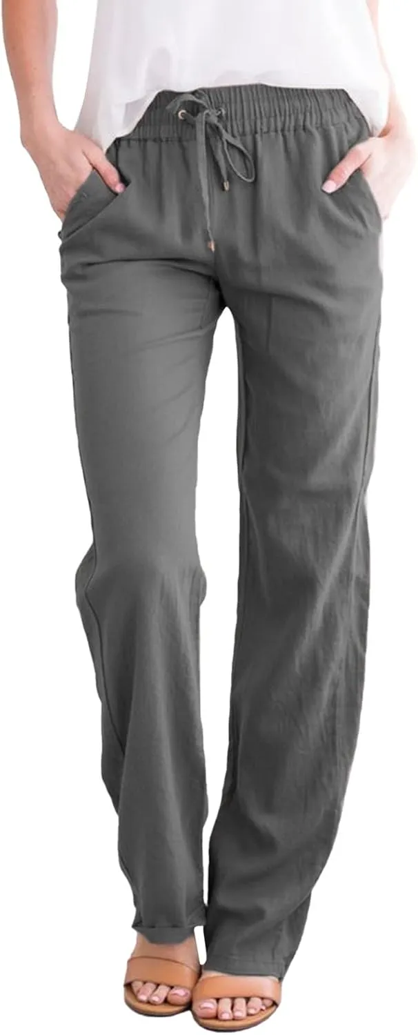 Casual Pants Women Summer Drawstring High Waist Straight Leg Pants Casual Dressy Work Vacation Beach Trousers with Pockets