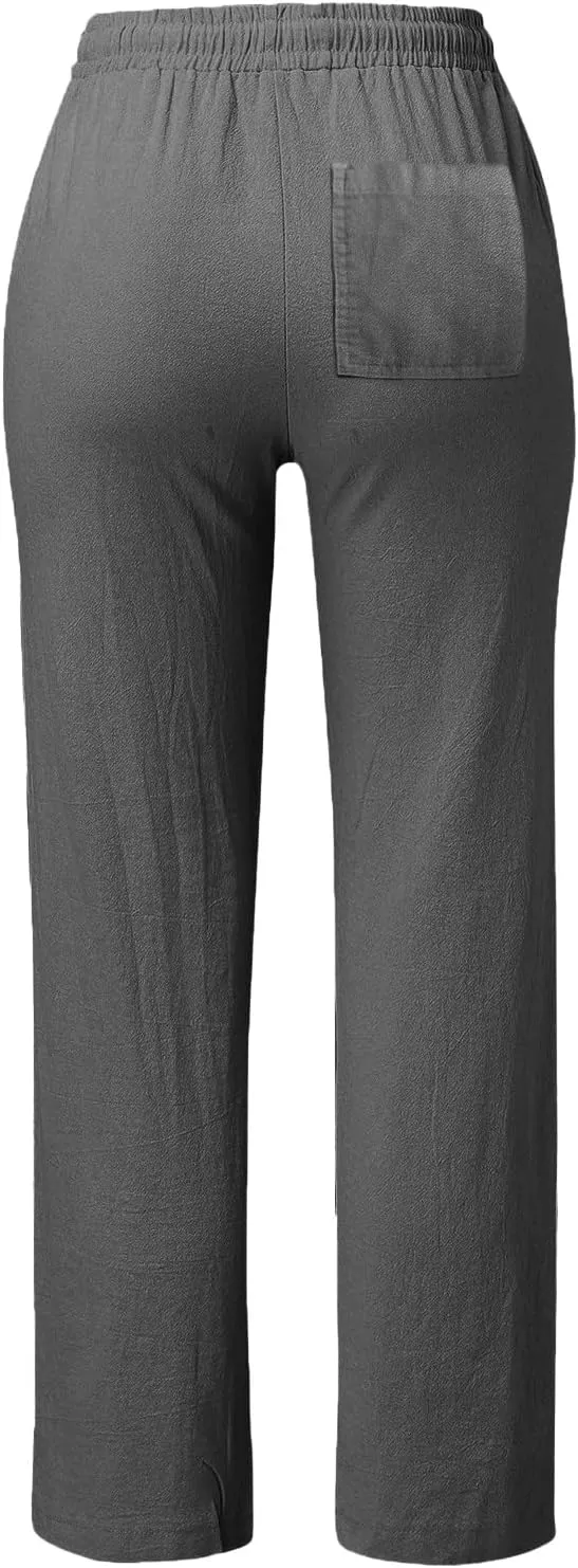 Casual Pants Women Summer Drawstring High Waist Straight Leg Pants Casual Dressy Work Vacation Beach Trousers with Pockets