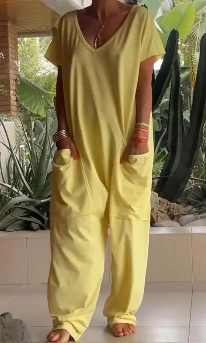 Casual V-Neck Solid Color Jumpsuit, Ladies Rompers Summer Casual Short Sleeve Baggy Wide Leg Jumpsuits with Pockets