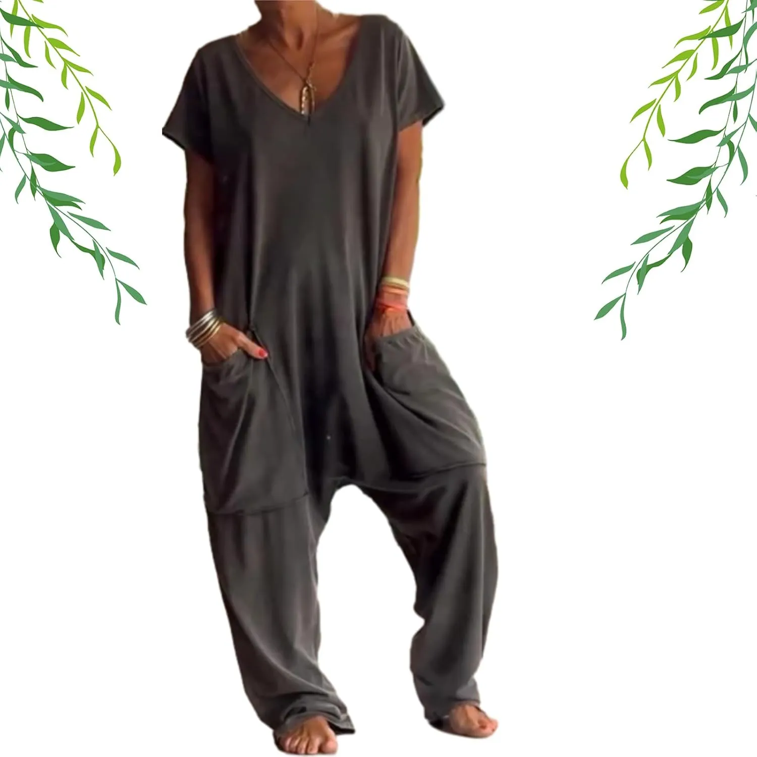 Casual V-Neck Solid Color Jumpsuit, Ladies Rompers Summer Casual Short Sleeve Baggy Wide Leg Jumpsuits with Pockets