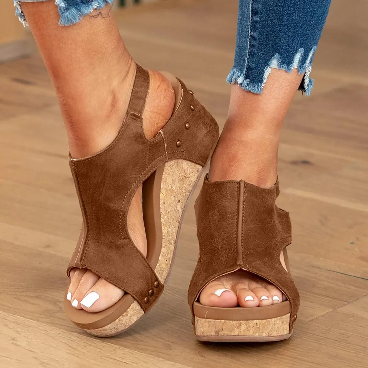 Cathalem Orthopedic Wedge Sandals for Women Platform Cork Wedges Espadrille Heel Strappy Leather Arch Support Sandals