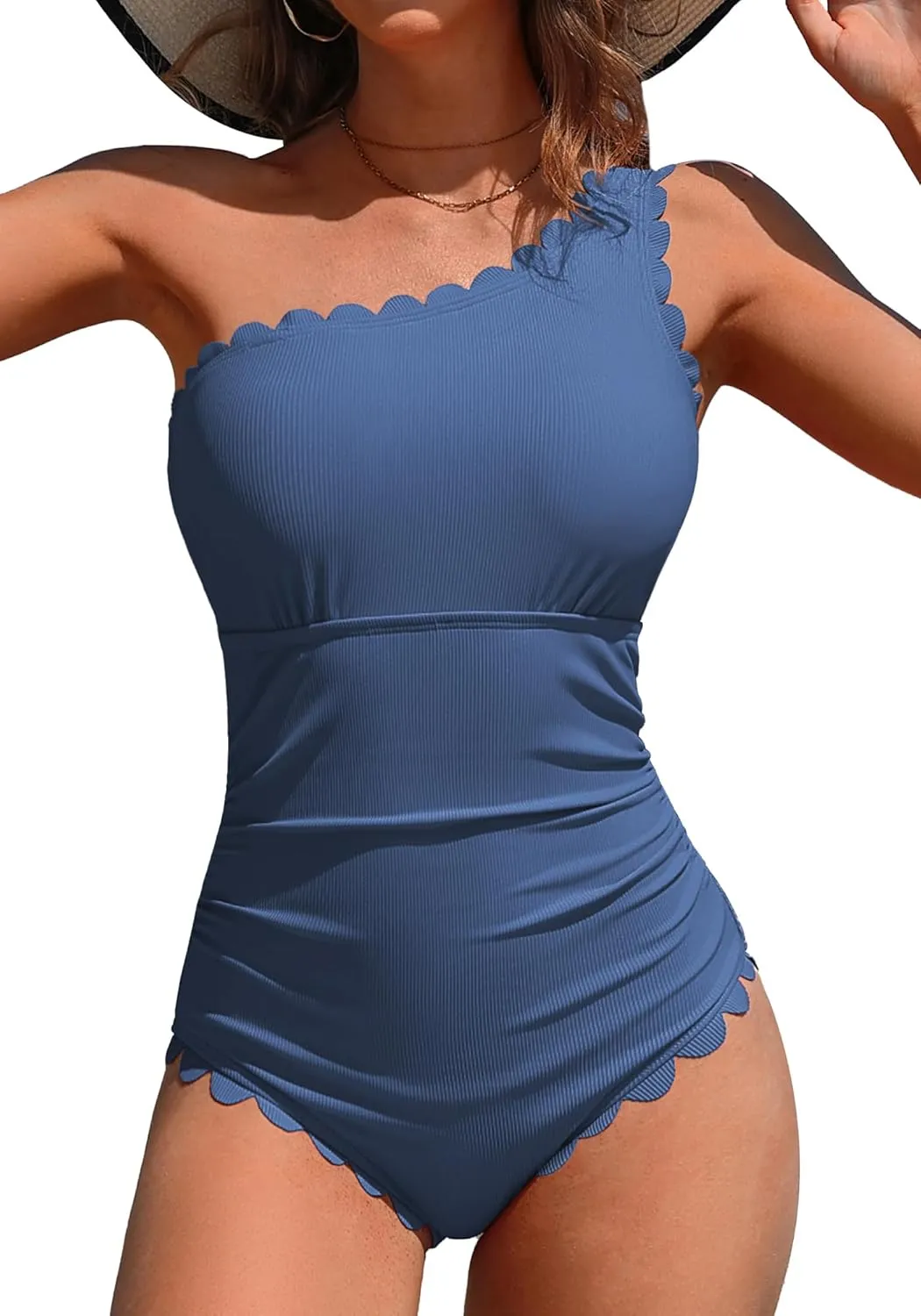 Charmo One Shoulder One Piece Swimsuit Women Ribbed Scalloped Bathing Suit Cutout 1 Piece Slimming Full Coverage Swim Suit