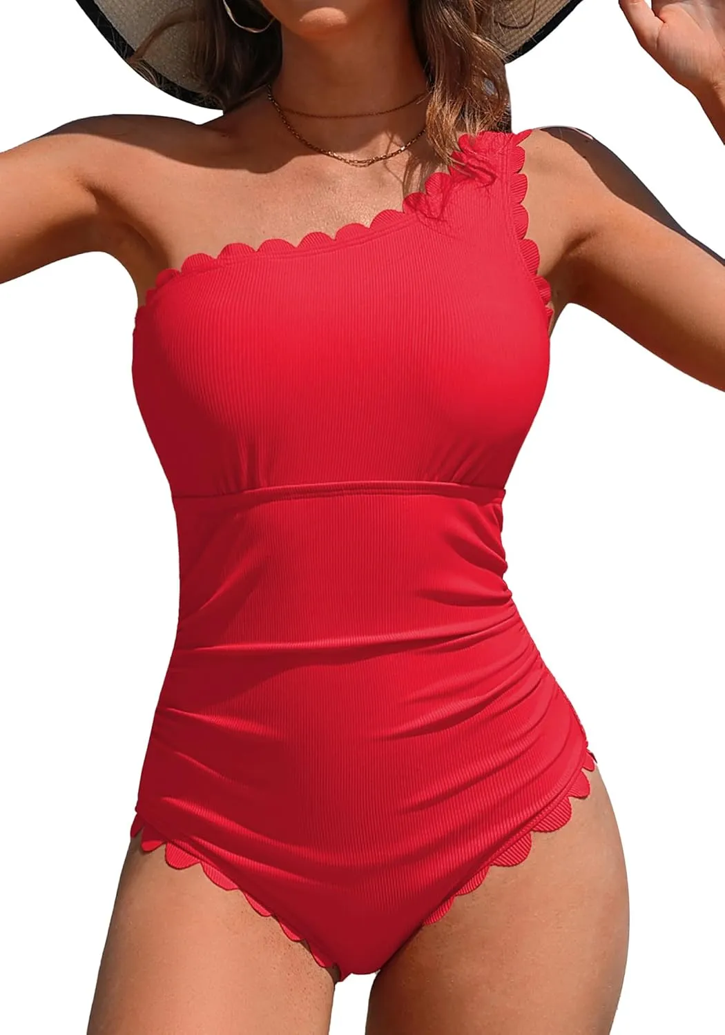 Charmo One Shoulder One Piece Swimsuit Women Ribbed Scalloped Bathing Suit Cutout 1 Piece Slimming Full Coverage Swim Suit