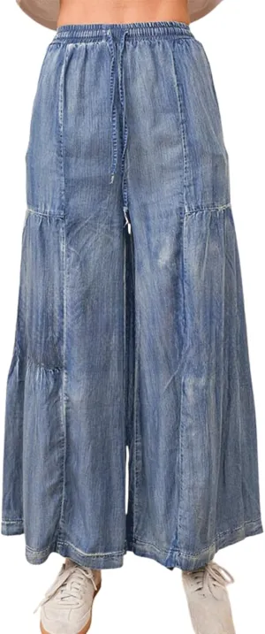 CHARRTOU Women's Ruffle Drawstring Jeans Elastic Mid Waist Denim Pants Wide Leg Jeans Trousers with Pockets