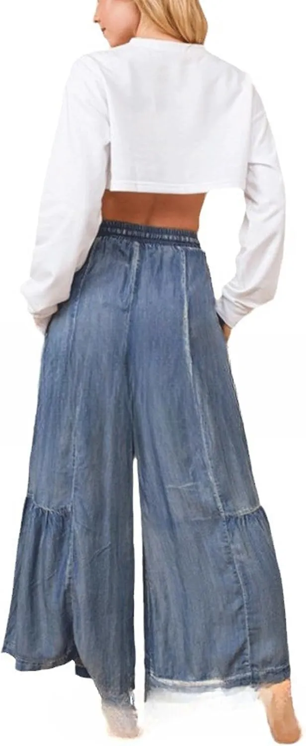 CHARRTOU Women's Ruffle Drawstring Jeans Elastic Mid Waist Denim Pants Wide Leg Jeans Trousers with Pockets