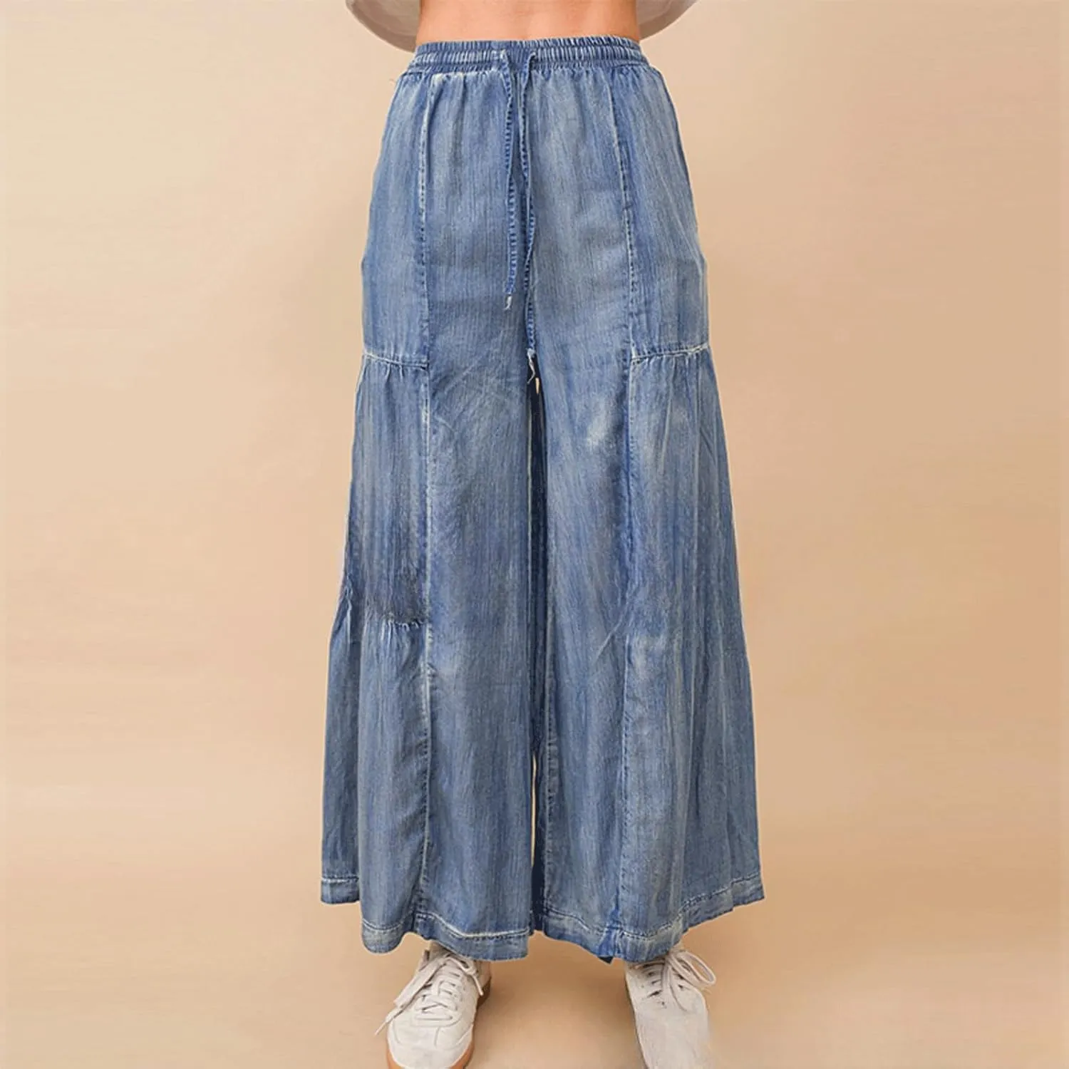 CHARRTOU Women's Ruffle Drawstring Jeans Elastic Mid Waist Denim Pants Wide Leg Jeans Trousers with Pockets