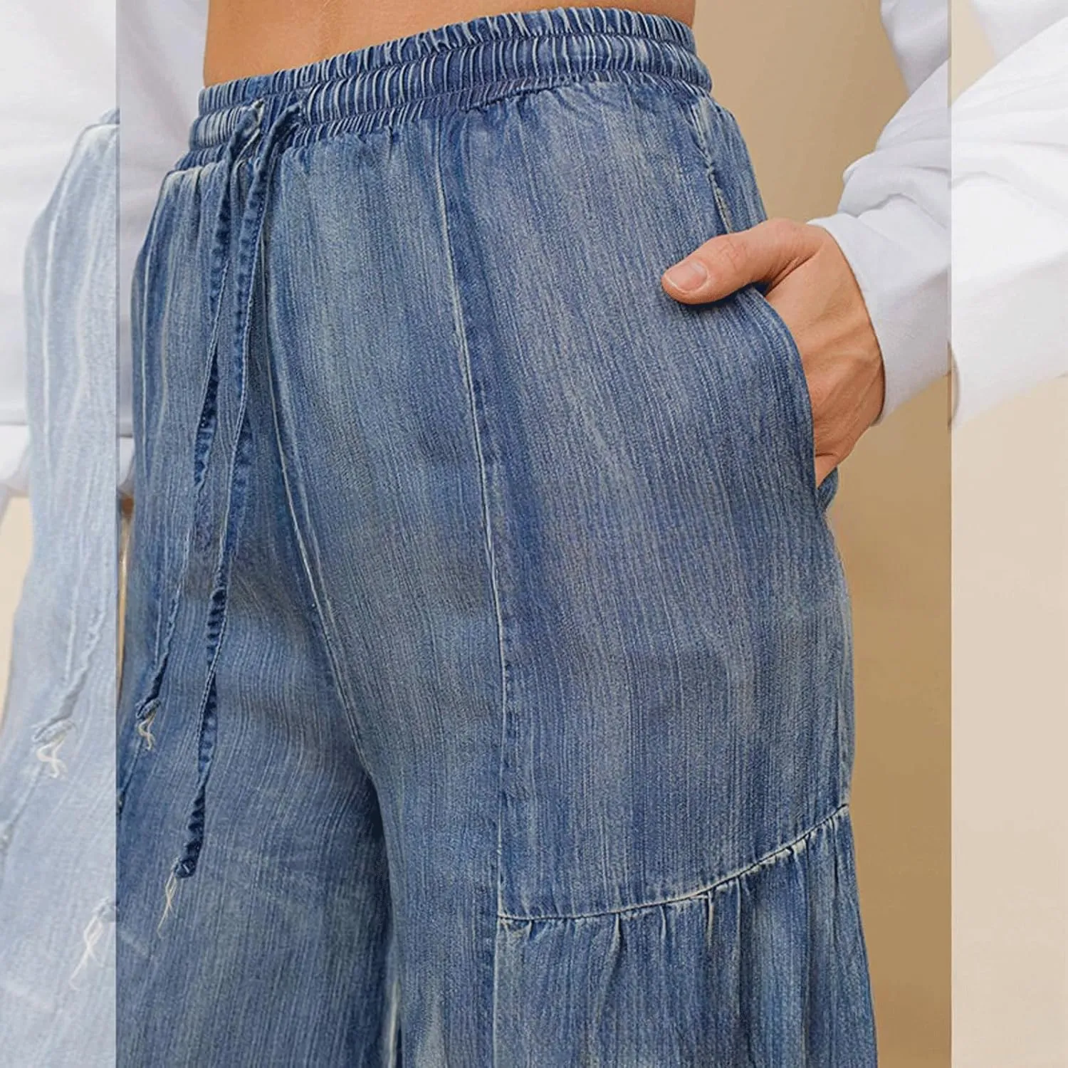 CHARRTOU Women's Ruffle Drawstring Jeans Elastic Mid Waist Denim Pants Wide Leg Jeans Trousers with Pockets