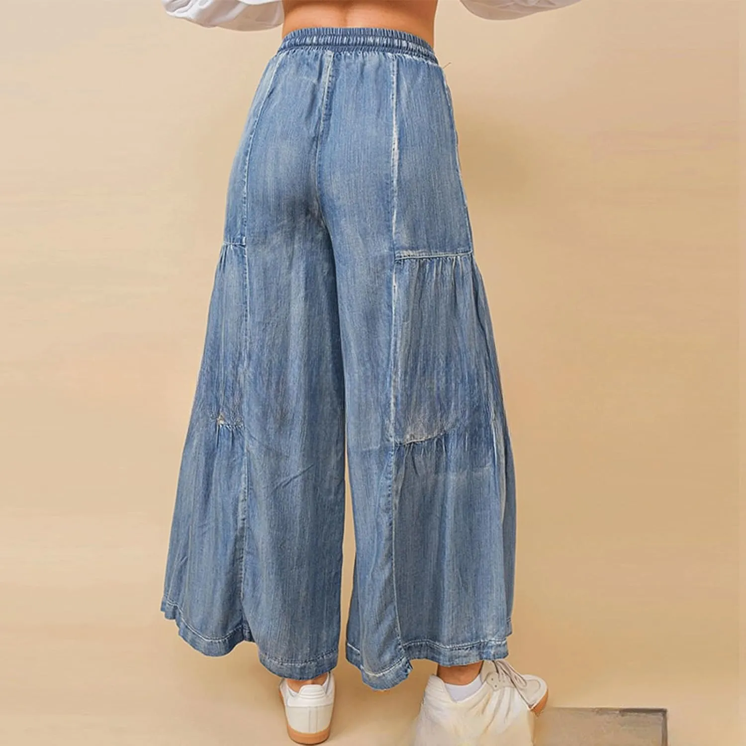 CHARRTOU Women's Ruffle Drawstring Jeans Elastic Mid Waist Denim Pants Wide Leg Jeans Trousers with Pockets