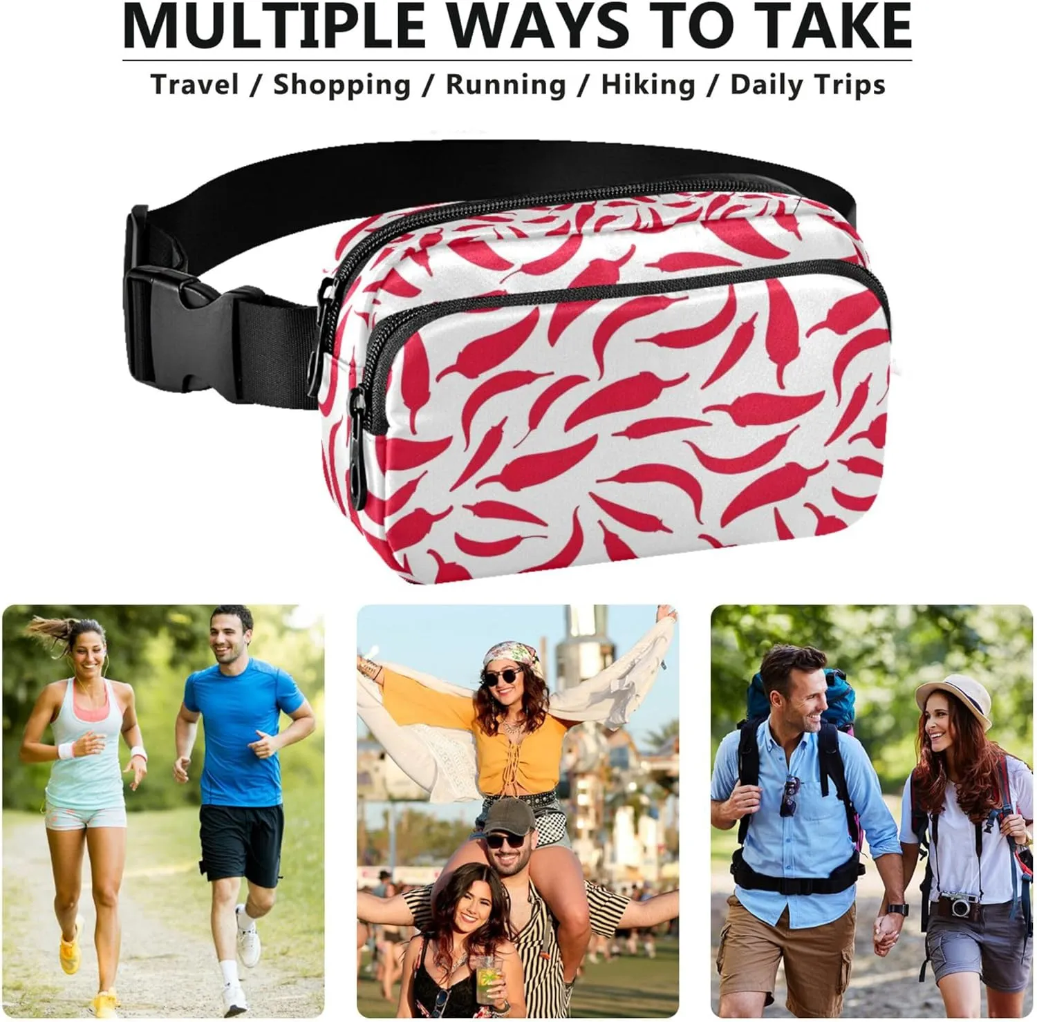 Chili Peppers Red and White Waterproof Fanny Packs for Women Hip Pack Belt Pouch Funky Travel Waist Bag