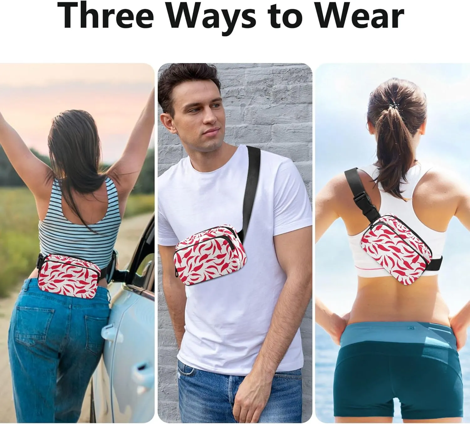 Chili Peppers Red and White Waterproof Fanny Packs for Women Hip Pack Belt Pouch Funky Travel Waist Bag