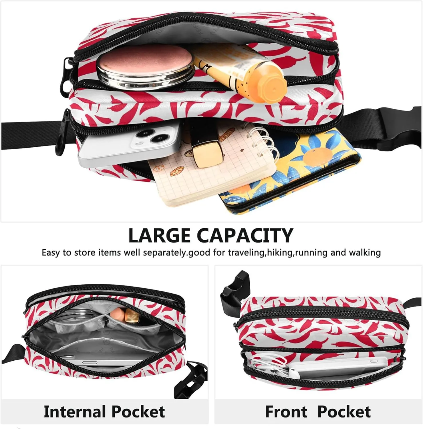 Chili Peppers Red and White Waterproof Fanny Packs for Women Hip Pack Belt Pouch Funky Travel Waist Bag