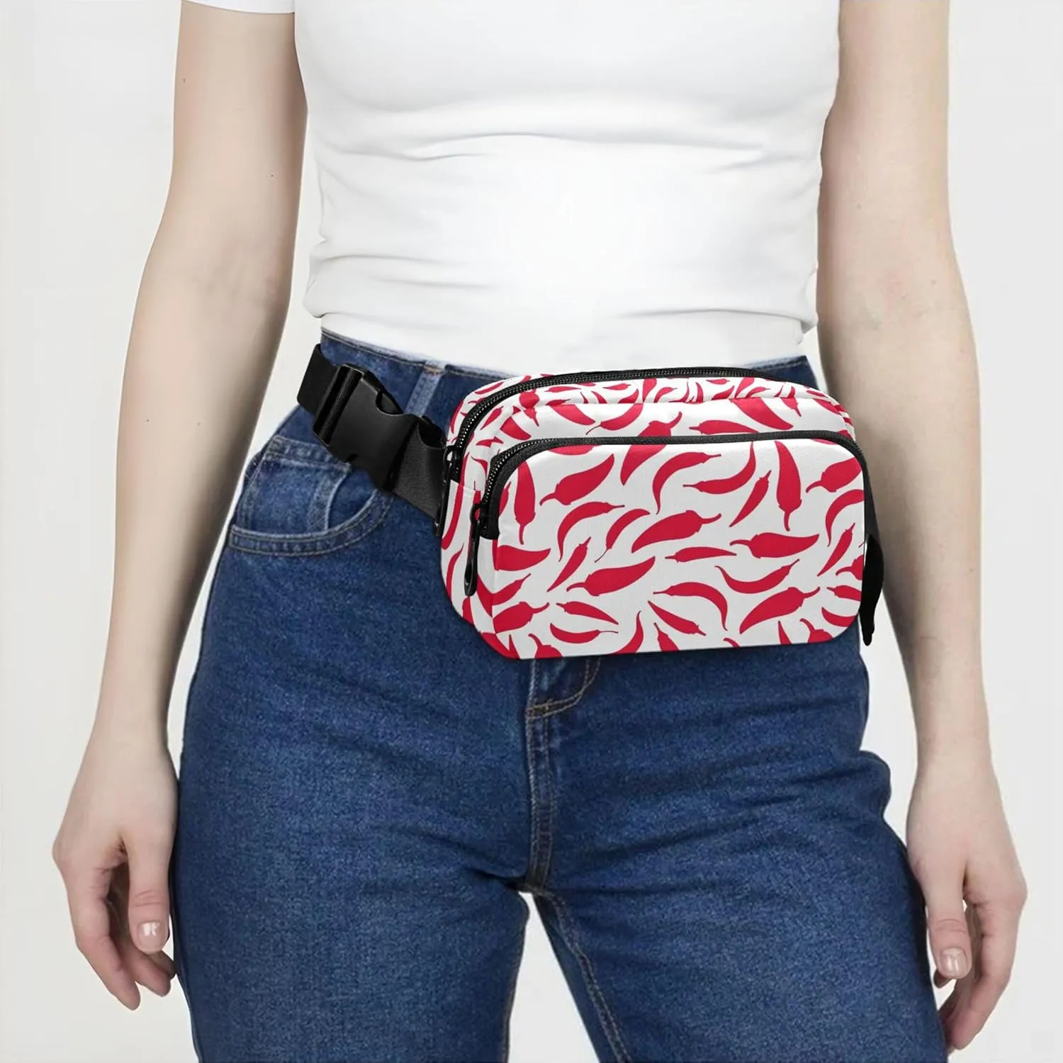 Chili Peppers Red and White Waterproof Fanny Packs for Women Hip Pack Belt Pouch Funky Travel Waist Bag