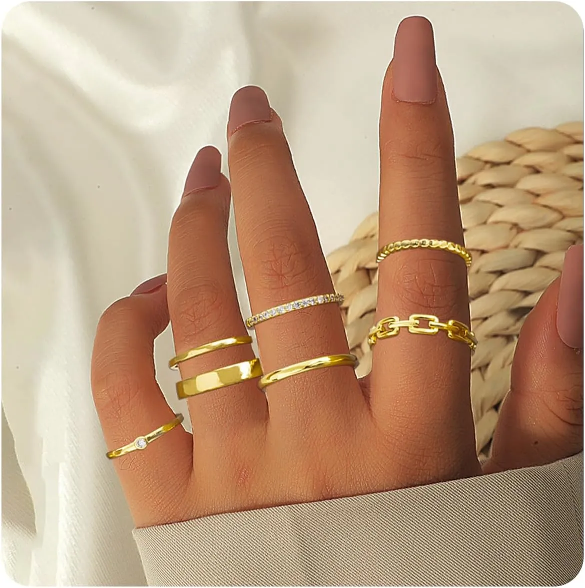 Chinovi 7Pcs Stackable Gold Rings for Women Non Tarnish Trendy Dainty 18K Gold Plated Stacking Cubic Zirconia Ring Set Pack Statement Band Rings Size 5-10